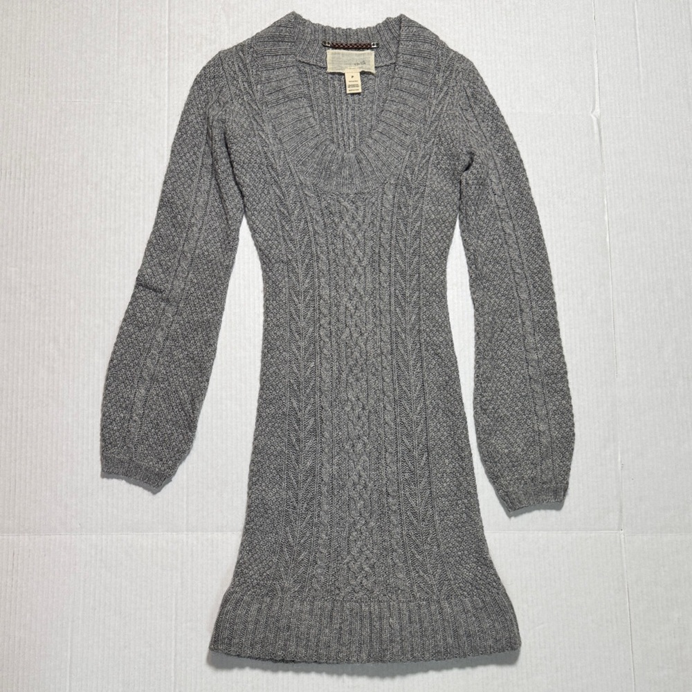 YA-YA Y2K 100% Alpaca‎ Gray Cable Knit Sweater Dress Long Puff Sleeve  V-Neck P